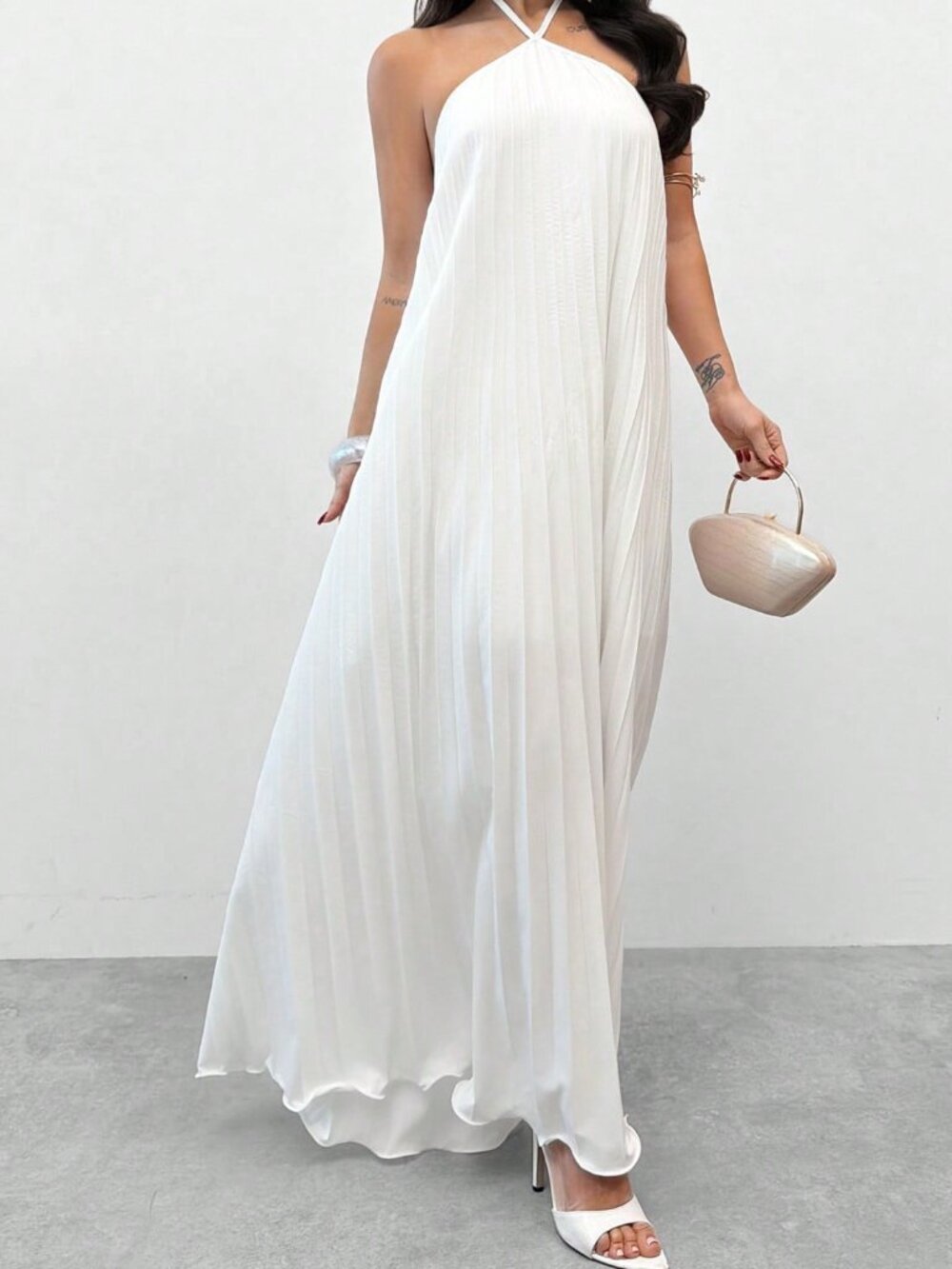 White Elegant Women's Pleated Halter Neck Maxi Dress - Picture 11 of 11